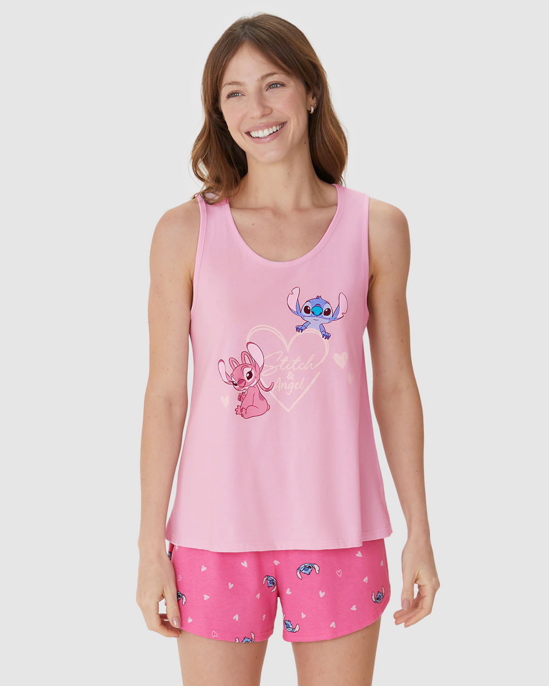 Pijama Curto Feminino Estampa Stitch E Angel Disney Em Algodão - Imagem 9
