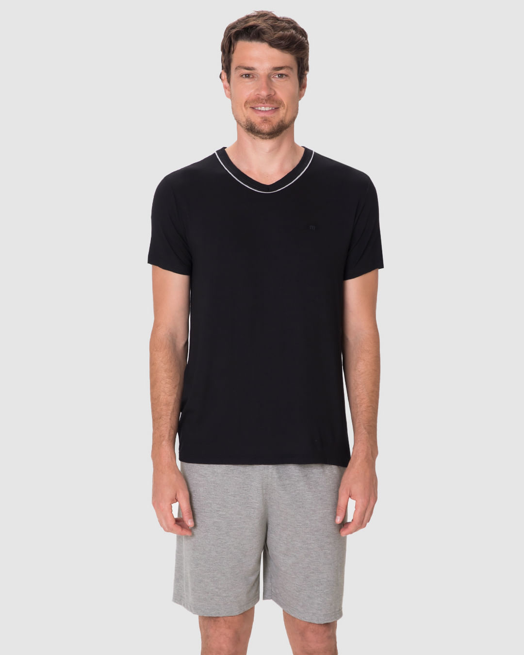 Pijama Curto Masculino Camiseta Decote V Detalhe Costura Em Viscose Stretch - Imagem 9