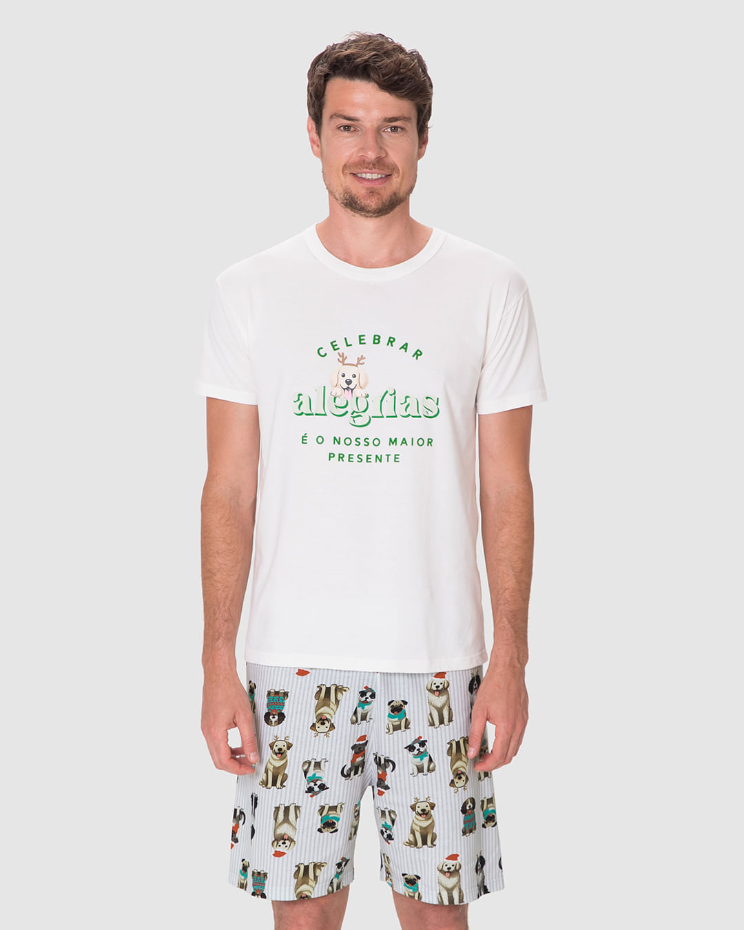 Pijama Curto Masculino Celebrar Alegrias Em Algodão - Imagem 4