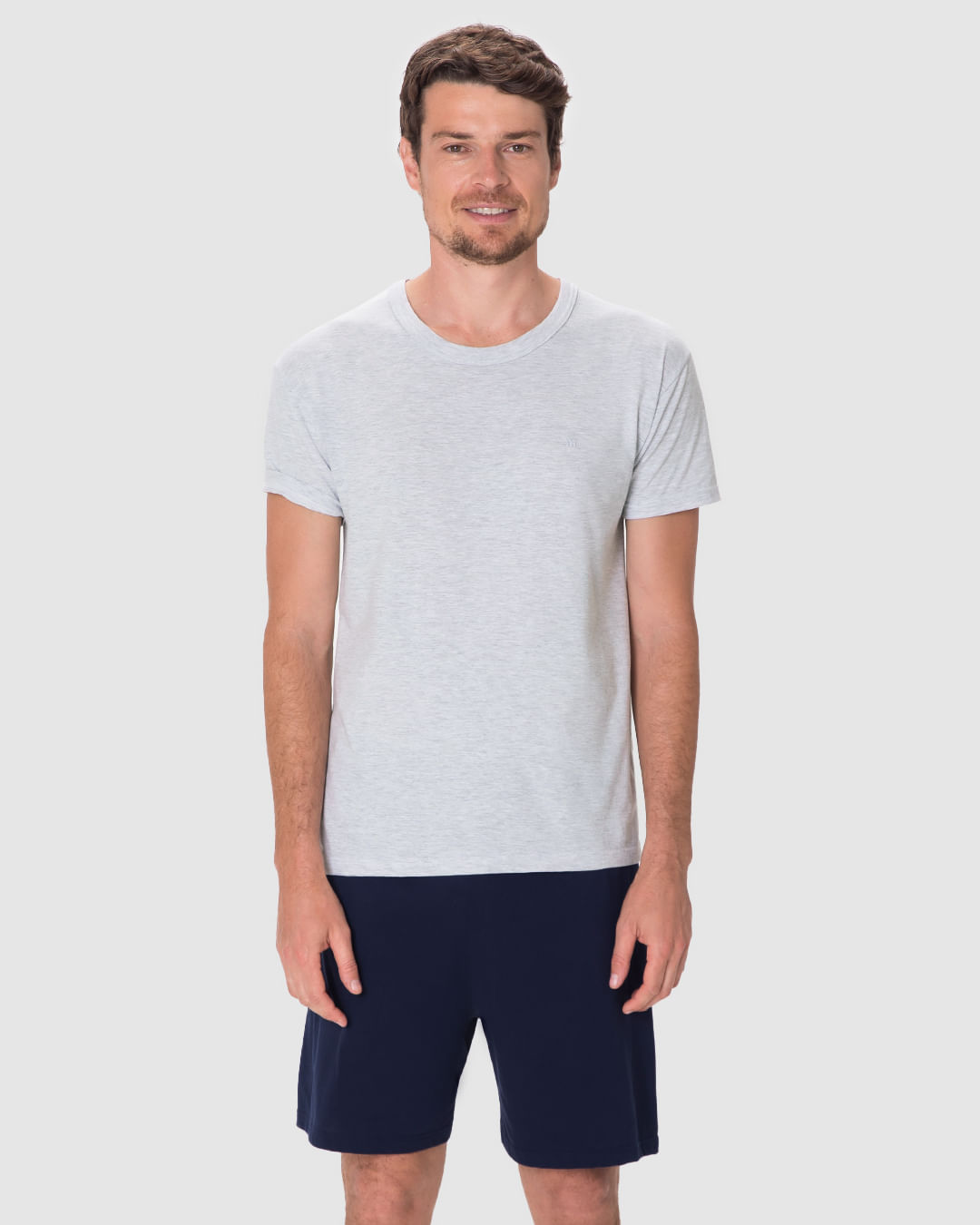 Pijama Curto Masculino Camiseta Bordado Discreto Em Algodão - Imagem 9