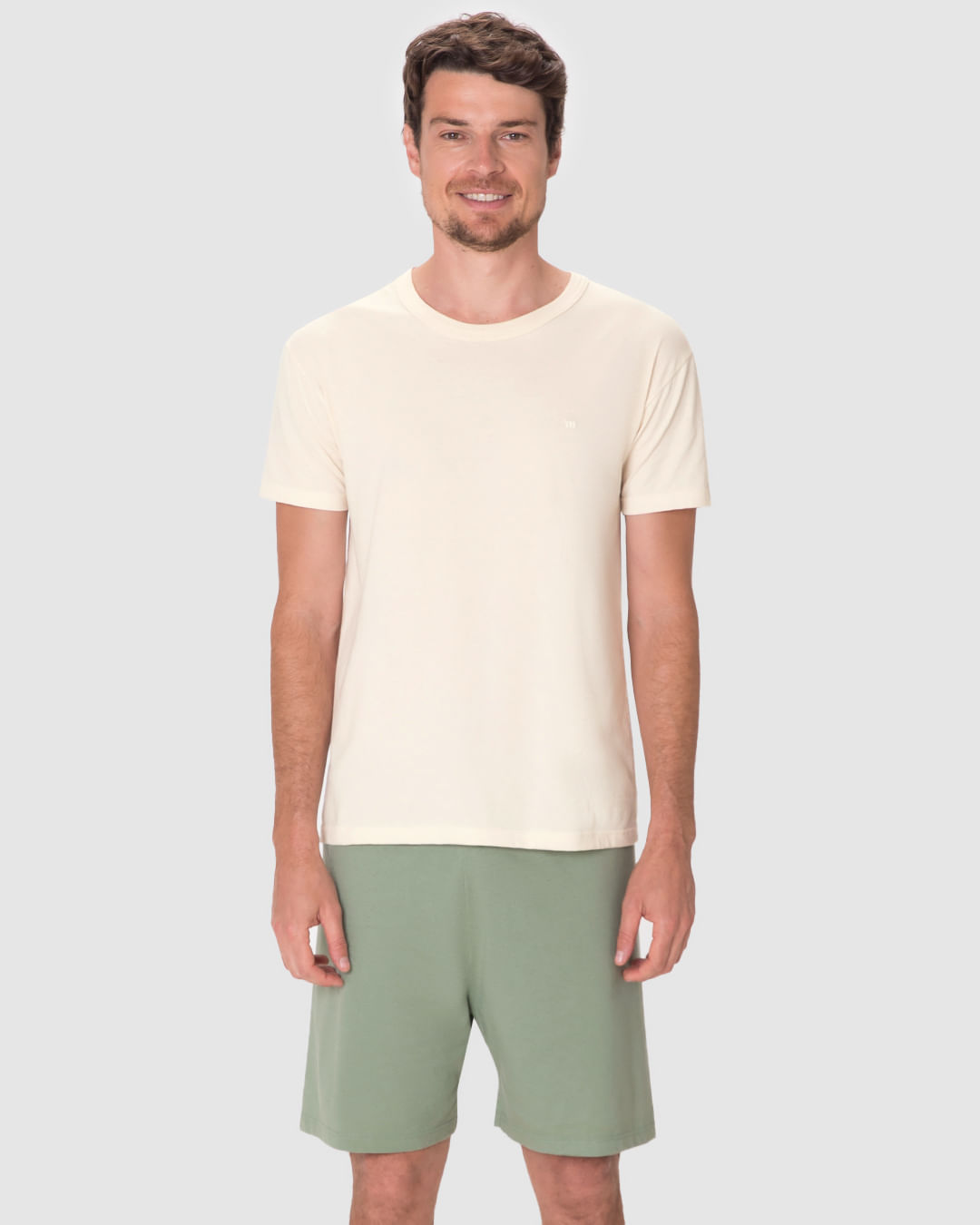 Pijama Curto Masculino Camiseta Bordado Discreto Em Algodão - Imagem 19
