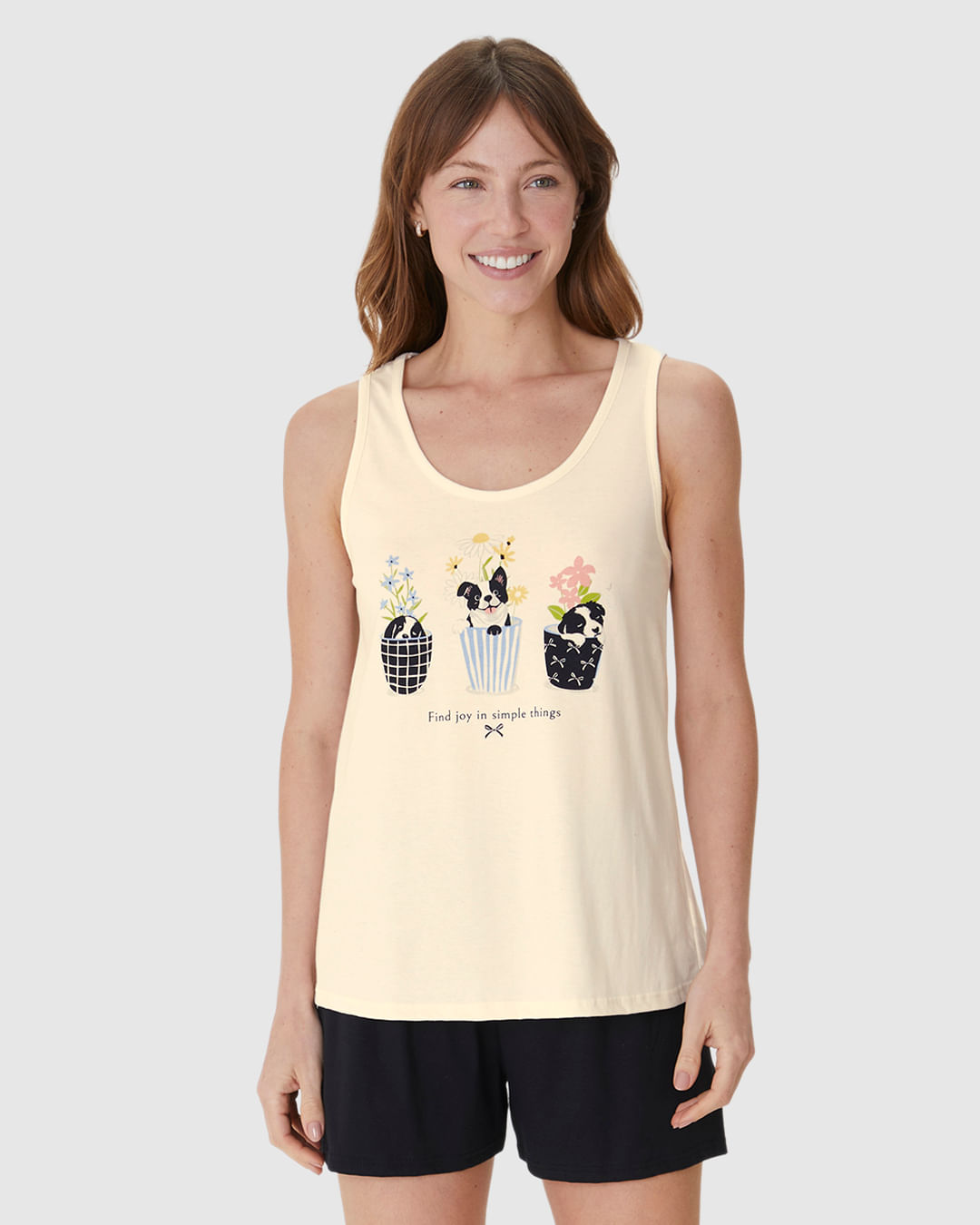 Pijama Curto Feminino Regata Estampa Frontal Em Algodão - Imagem 9