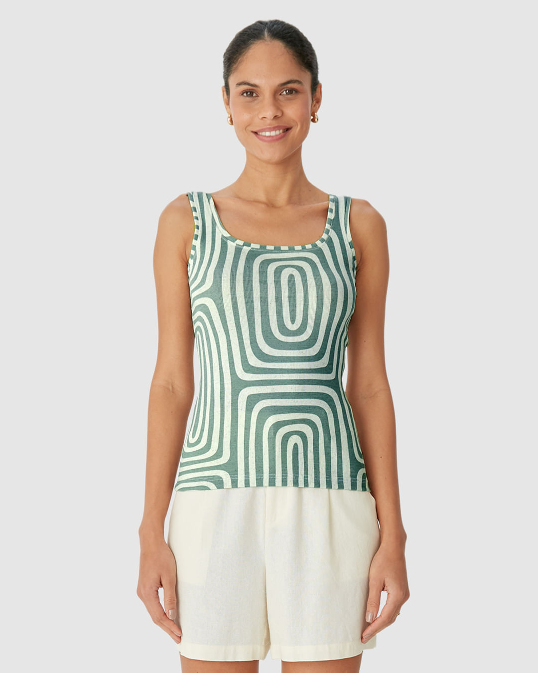 Regata Feminina Estampa Geométrica Decote Quadrado Em Ribana Linho - Imagem 14