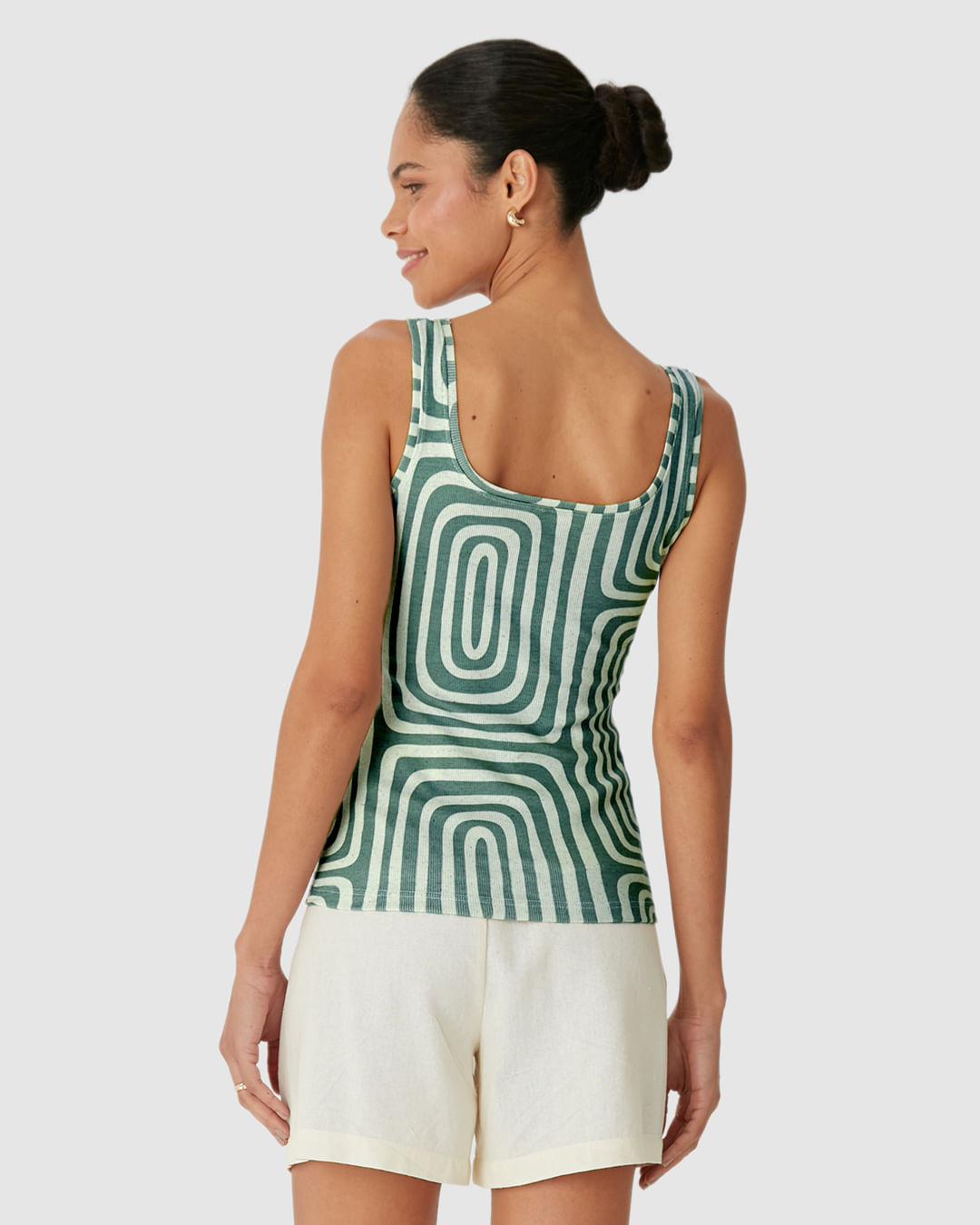 Regata Feminina Estampa Geométrica Decote Quadrado Em Ribana Linho - Imagem 5