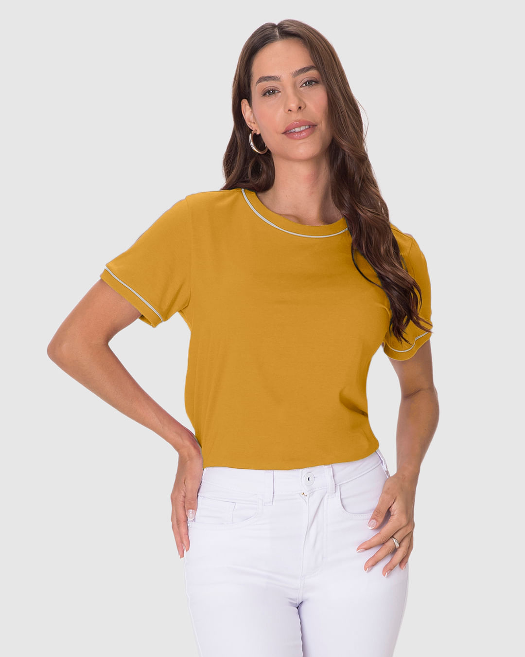 Blusa Básica Feminina Decote Redondo Costura Contraste Em Algodão - Imagem 16