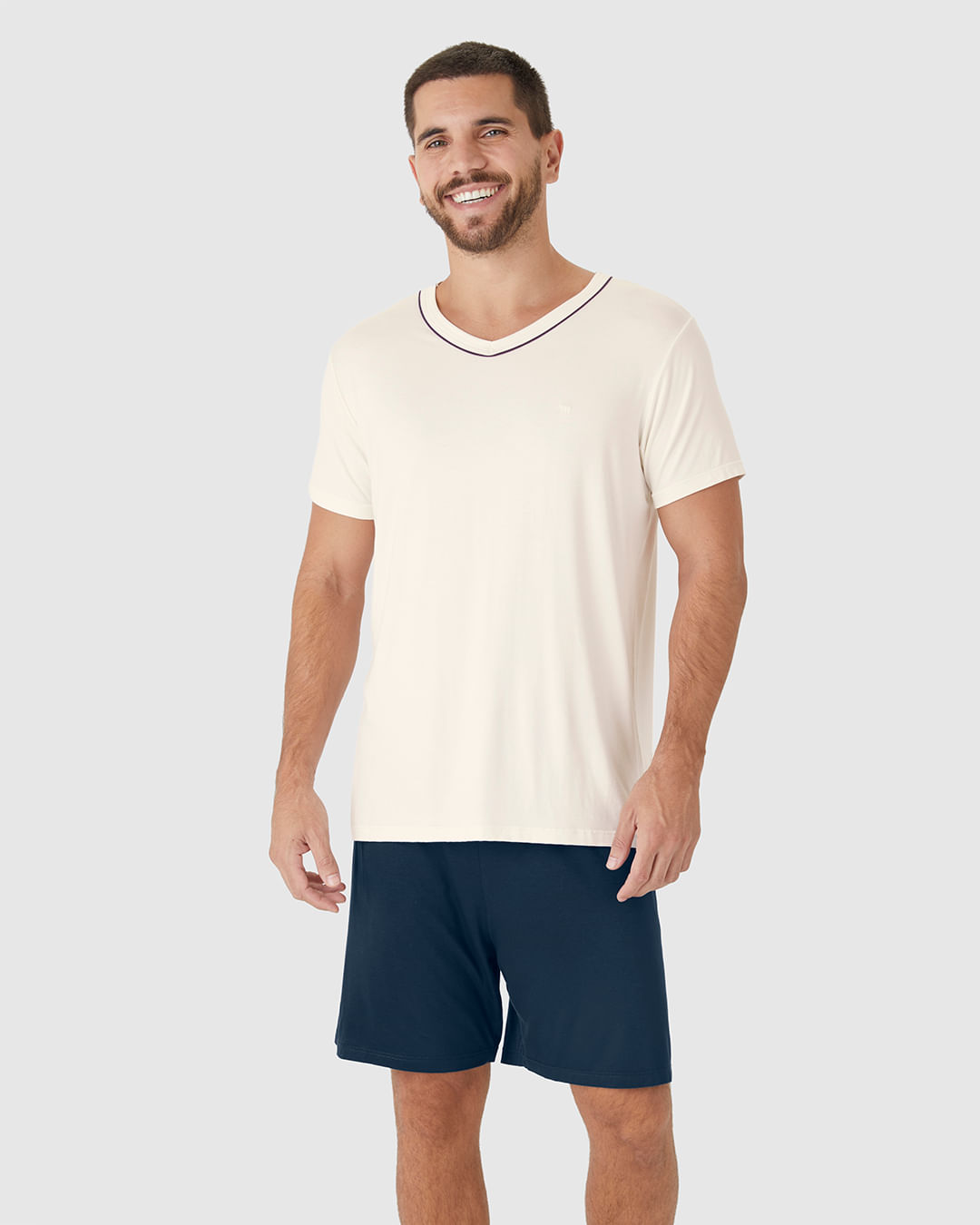 Pijama Curto Masculino Camiseta Decote V Detalhe Costura Em Viscose Stretch