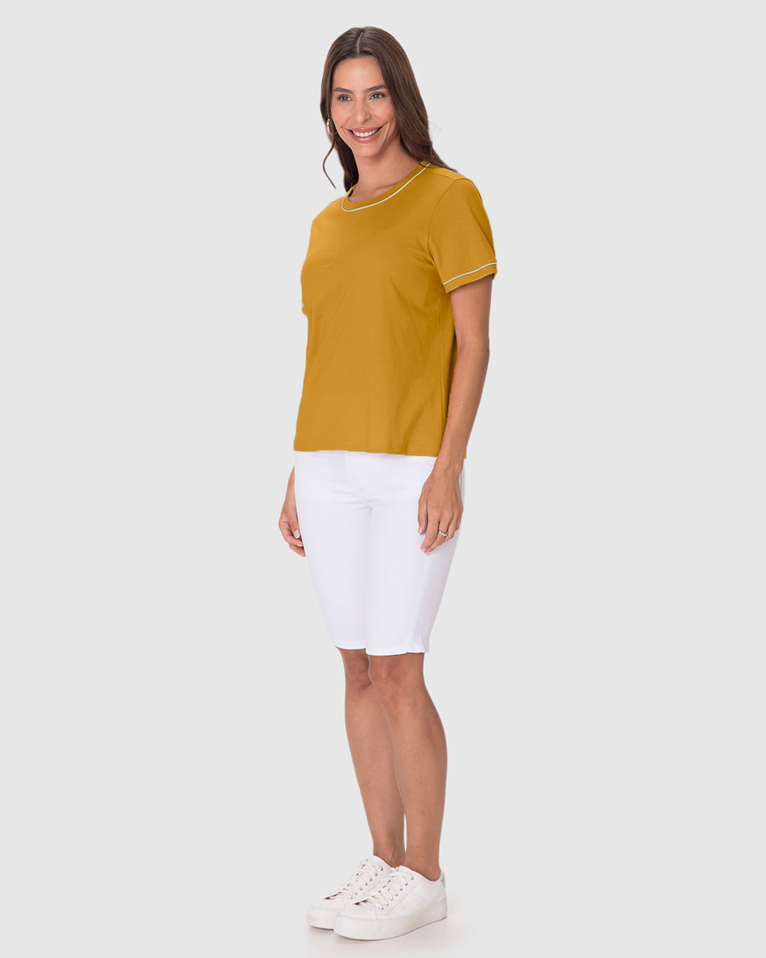 Blusa Básica Feminina Decote Redondo Costura Contraste Em Algodão - Imagem 12