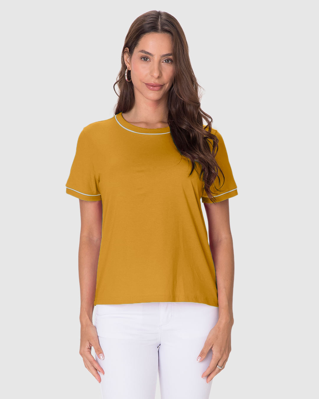 Blusa Básica Feminina Decote Redondo Costura Contraste Em Algodão - Imagem 9