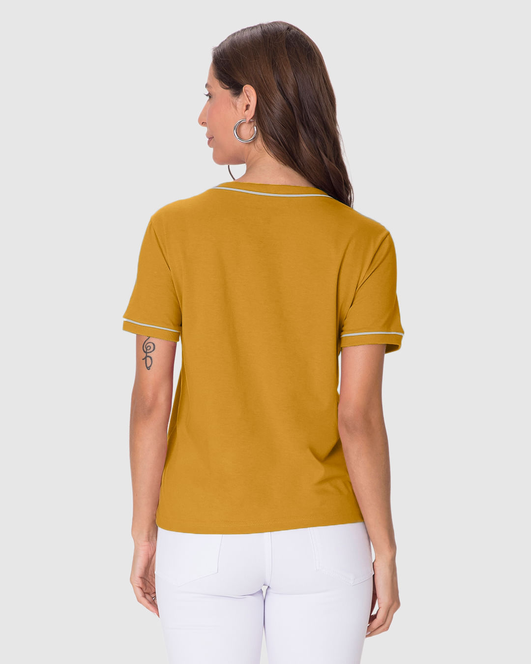 Blusa Básica Feminina Decote Redondo Costura Contraste Em Algodão - Imagem 15