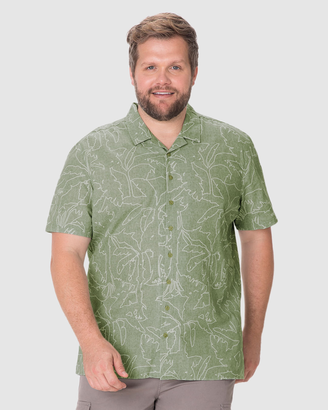 Camisa Masculina Plus Size Estampada Manga Curta em Linho com Algodão