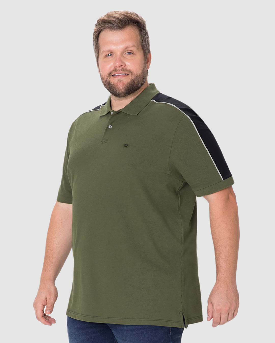 Camisa Polo Masculina Recorte Contraste Ombro em Piquet Stretch