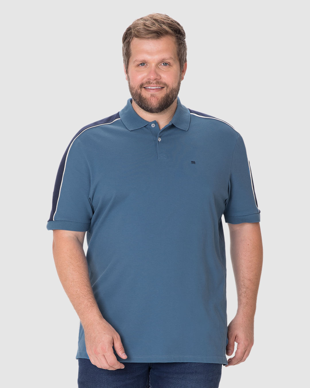 Camisa Polo Masculina Recorte Contraste Ombro em Piquet Stretch