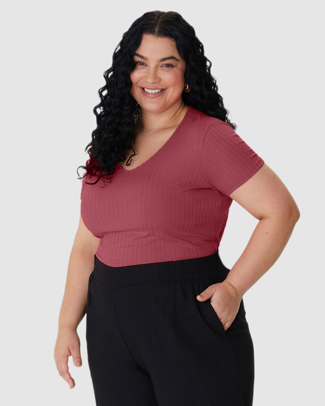 Blusa Básica Feminina Plus Size Decote V Em Canelado De Viscose - Imagem 6