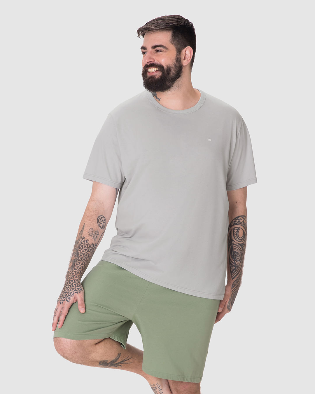 Pijama Curto Masculino Plus Size Detalhe Bordado Em Algodão