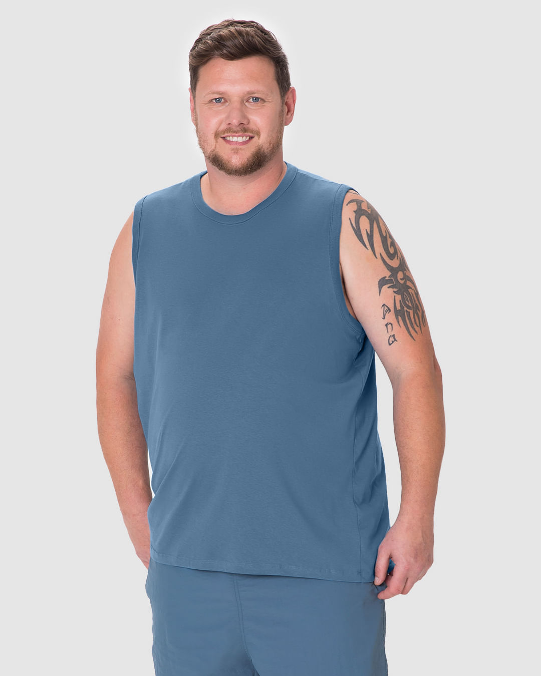 Regata Básica Masculina Plus Size Decote Redondo Alça Larga Em Algodão