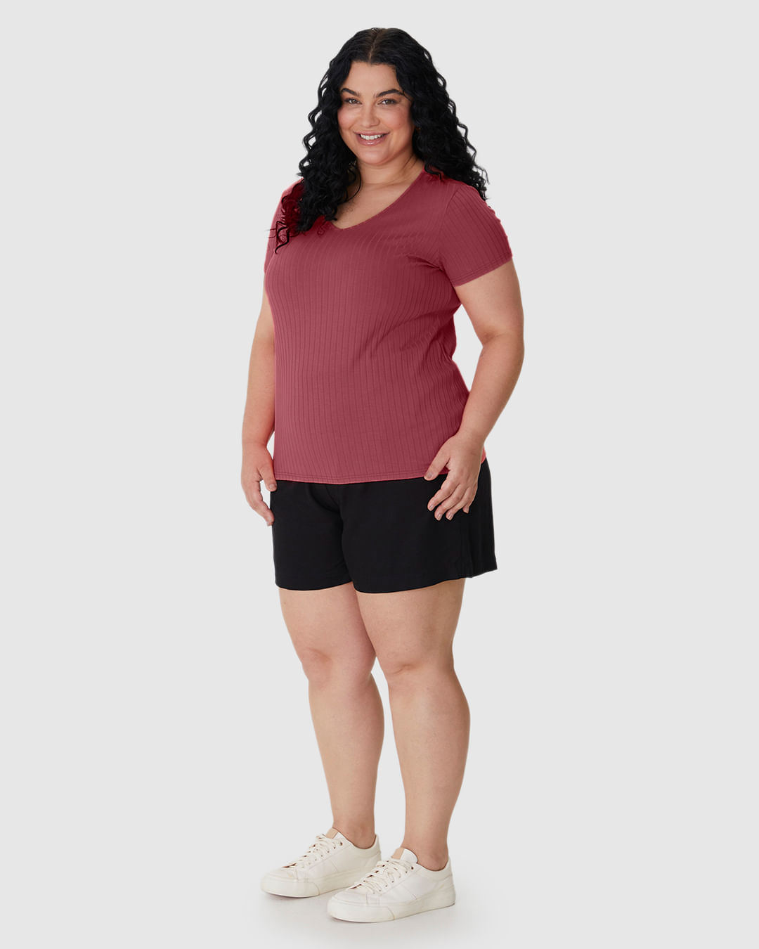 Blusa Básica Feminina Plus Size Decote V Em Canelado De Viscose - Imagem 22