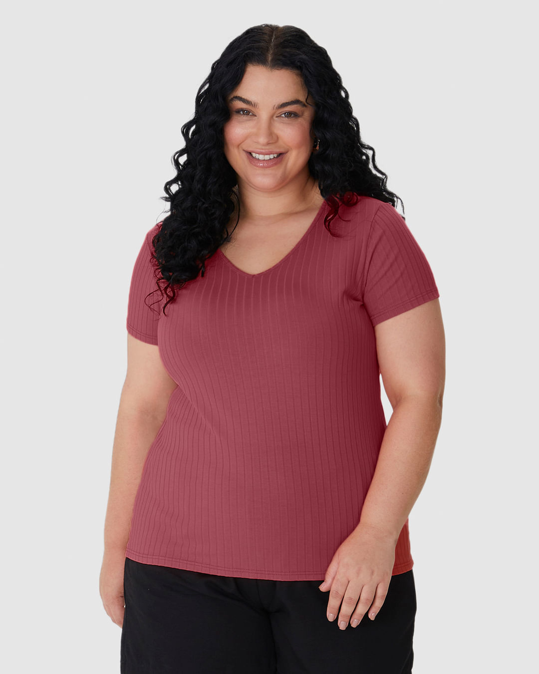 Blusa Básica Feminina Plus Size Decote V Em Canelado De Viscose - Imagem 14