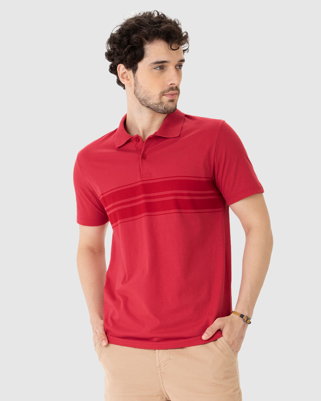 Camisa Polo Masculina Listras Frontais Em Algodão
