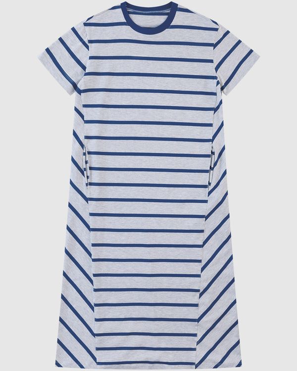 Vestido Midi Feminino Listrado Bolso Funcional Em Malha Algodão Cinza - G