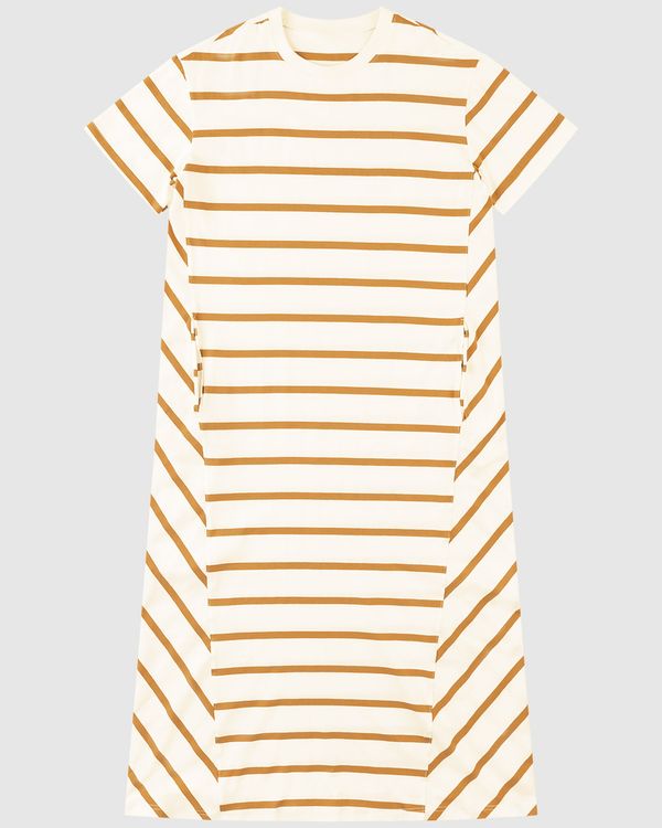 Vestido Midi Feminino Listrado Bolso Funcional Em Malha Algodão Off White - P