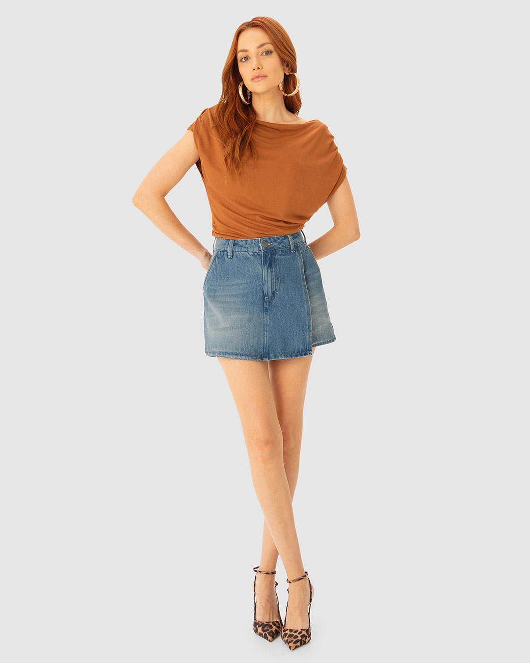 Shorts Saia Feminino Evasê Cintura Alta Jeans 100% Algodão - ENFIM - Imagem 4