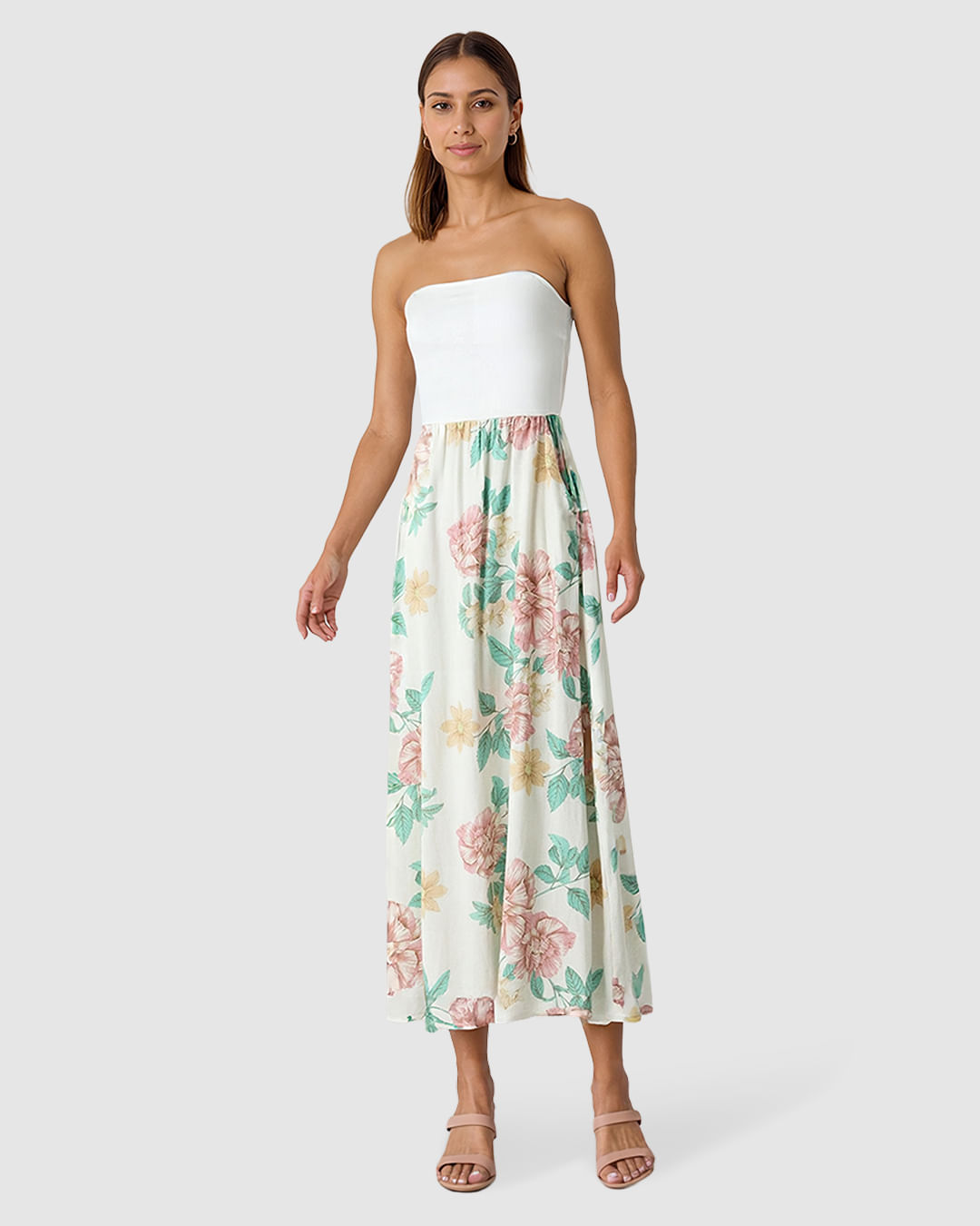 Vestido Midi Feminino Amplo Sem Alças Em Tecido Mescla Viscose - Imagem 11