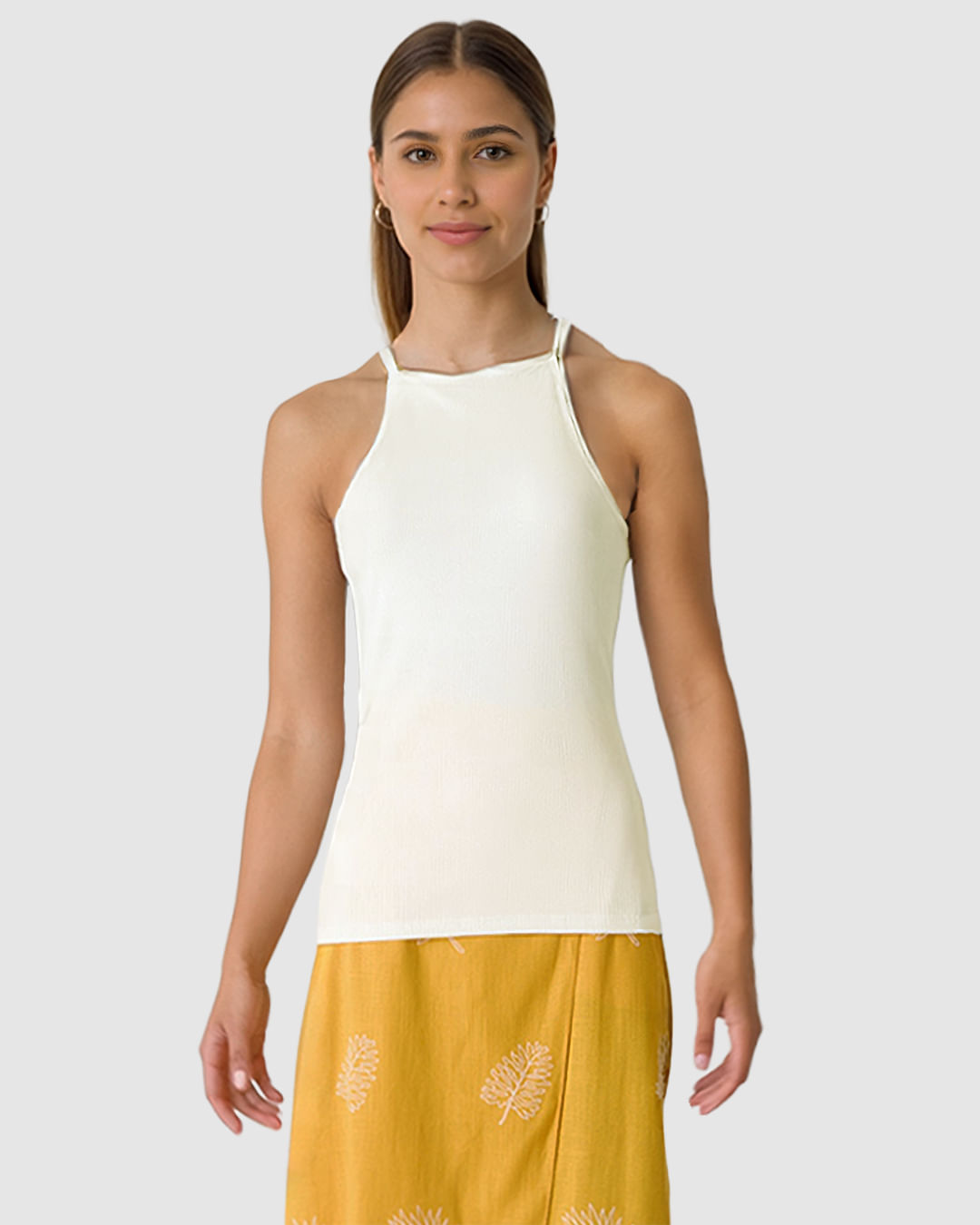 Regata Feminina Decote Halter Alça Fina Em Malha Viscose Canelada - Imagem 5