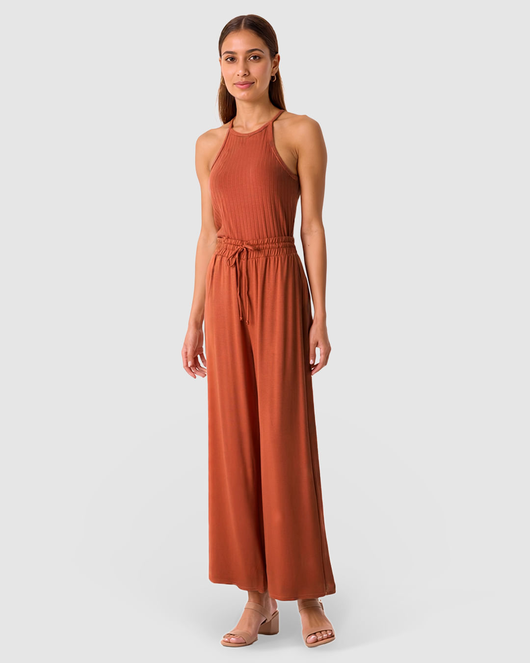 Calça Wide Leg Feminina Cadarço Frontal Em Moletinho Stretch Viscose - Imagem 13