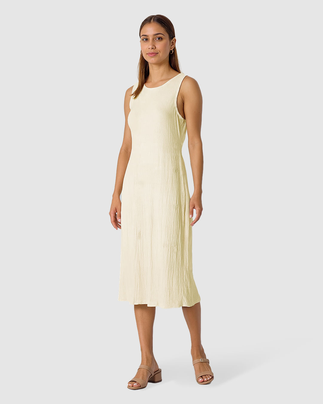 Vestido Midi Feminino Fenda Costas Em Tecido Linho Texturizado - Imagem 9