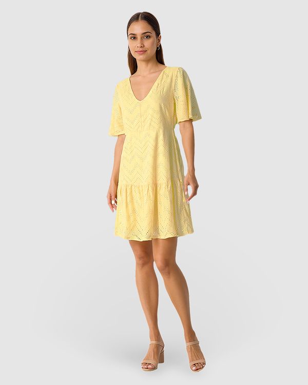 Vestido Feminino Amplo Decote V Em Laise Algodão Amarelo - GG