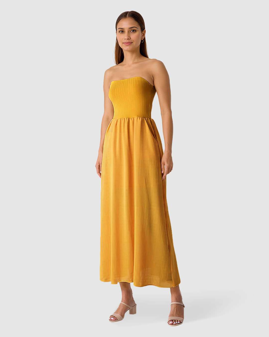 Vestido Midi Feminino Amplo Sem Alças Em Tecido Mescla Viscose