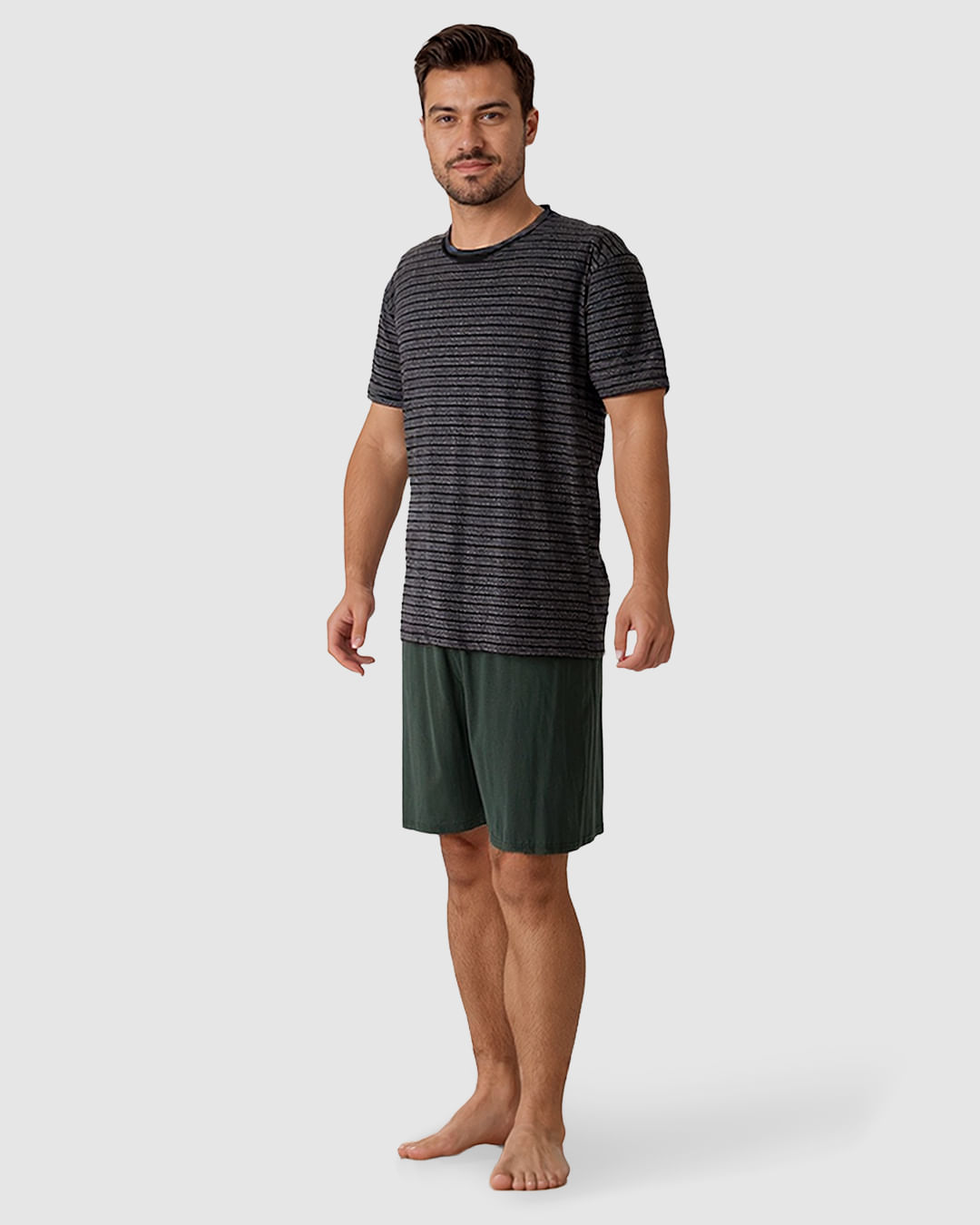 Pijama Curto Masculino Camiseta Gola Contraste Em Malha Listrada