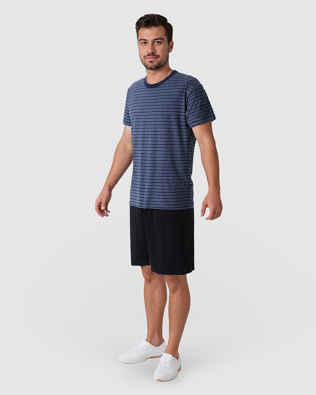 Pijama Curto Masculino Camiseta Gola Contraste Em Malha Listrada - Imagem 9