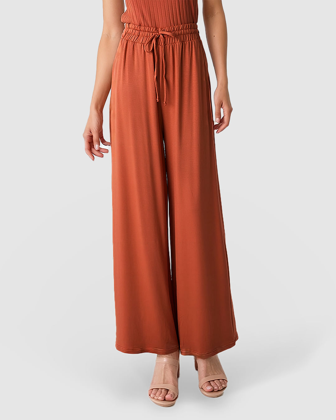 Calça Wide Leg Feminina Cadarço Frontal Em Moletinho Stretch Viscose - Imagem 14
