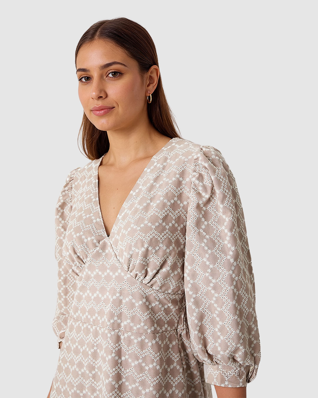 Vestido Feminino Decote V Manga 3/4 Em Laise Algodão Com Linho - Imagem 3