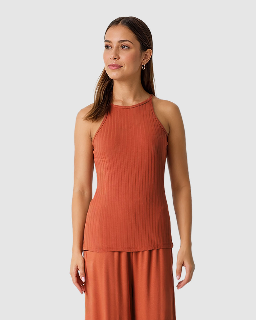 Regata Feminina Decote Halter Alça Fina Em Malha Viscose Canelada - Imagem 11