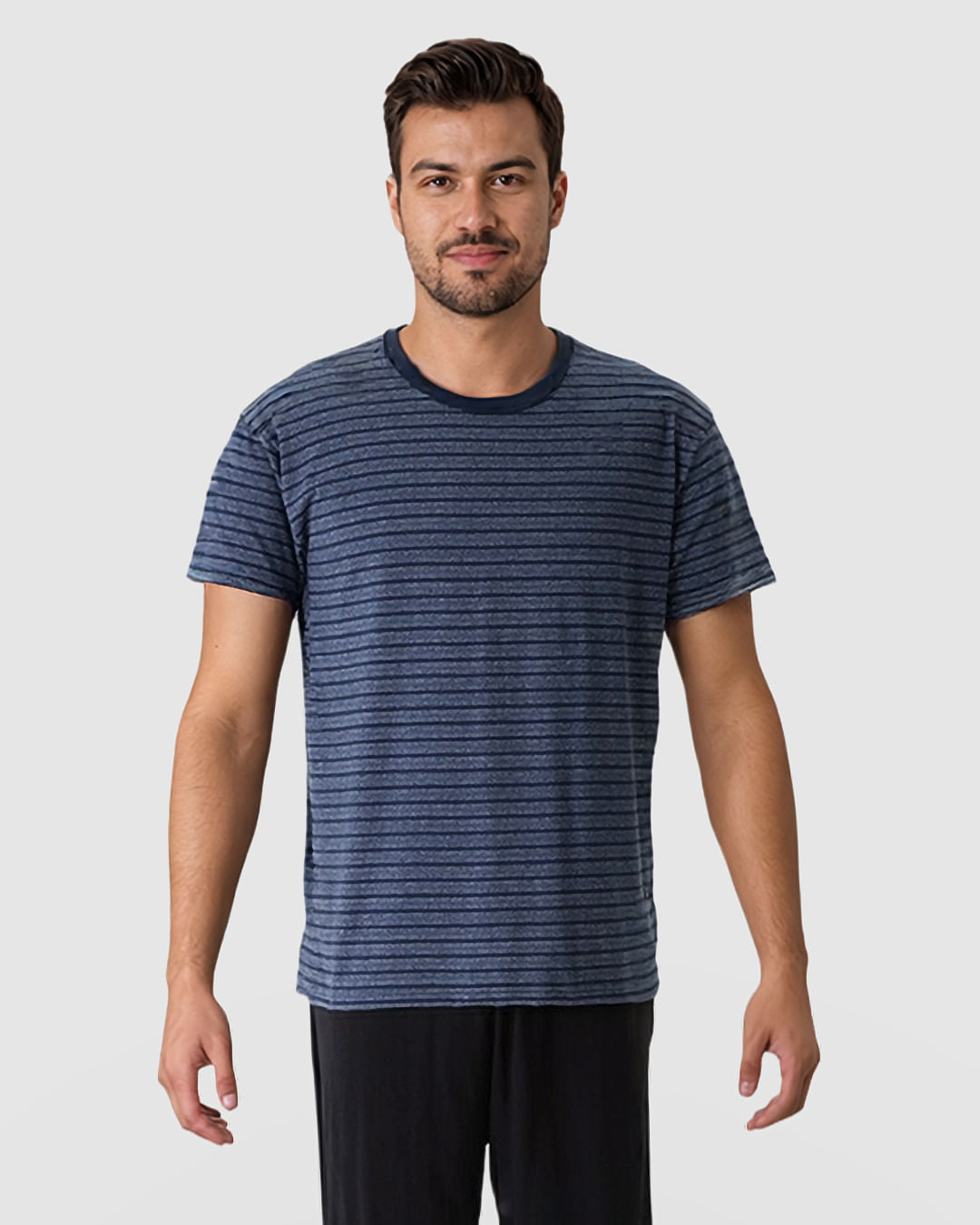 Pijama Curto Masculino Camiseta Gola Contraste Em Malha Listrada - Imagem 11
