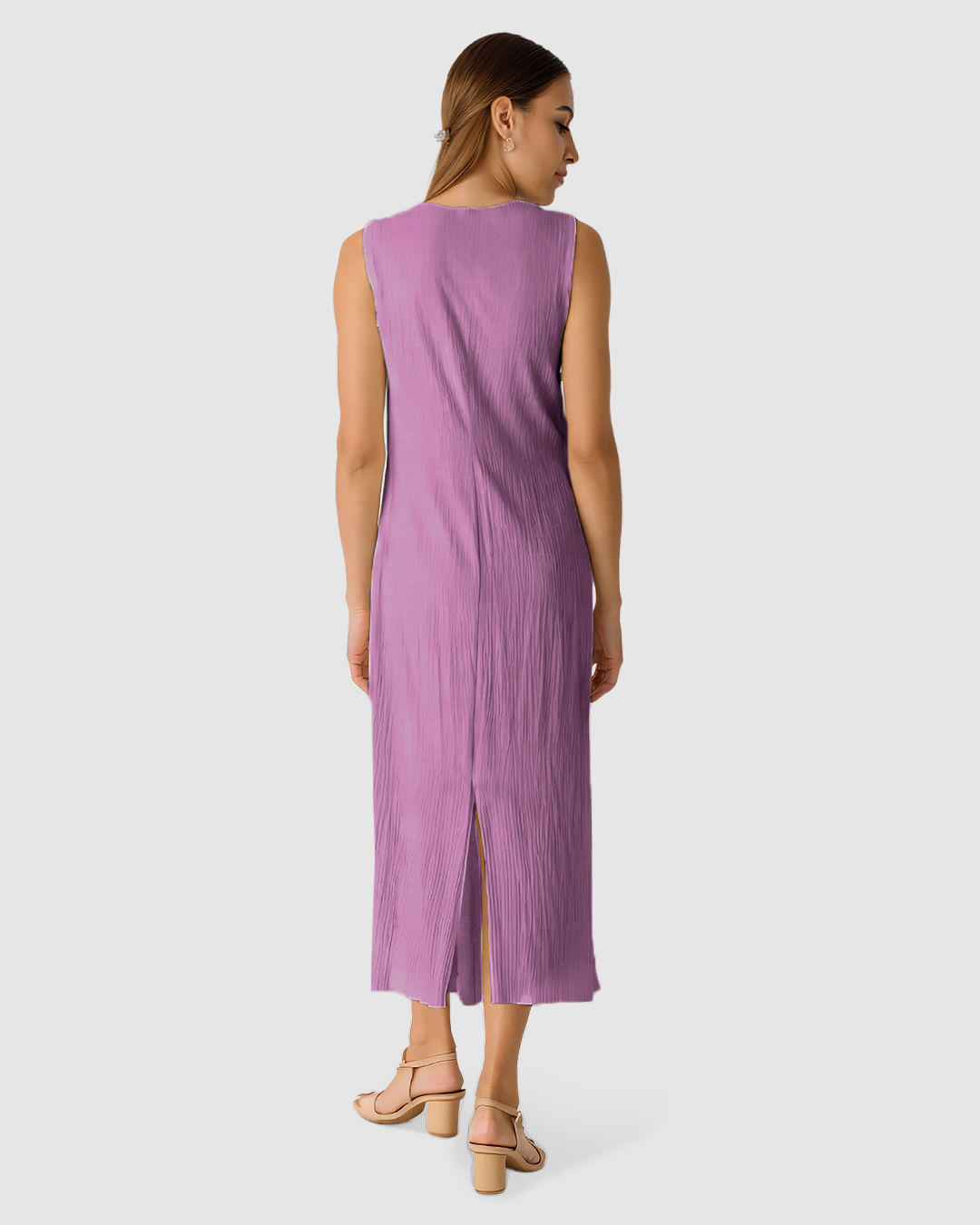 Vestido Midi Feminino Fenda Costas Em Tecido Linho Texturizado - Imagem 8