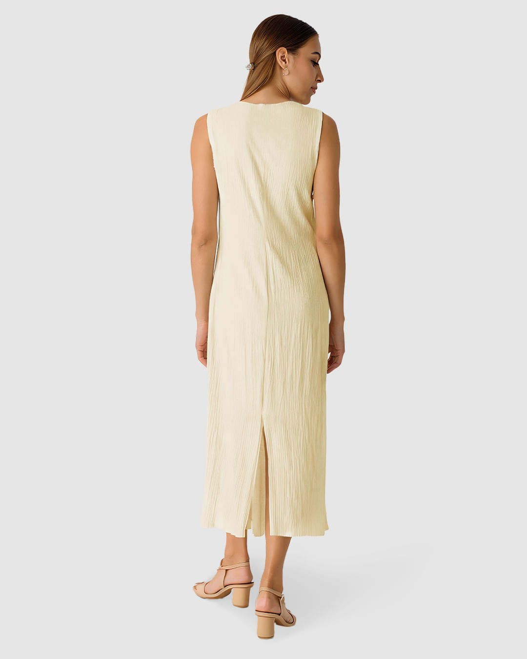 Vestido Midi Feminino Fenda Costas Em Tecido Linho Texturizado - Imagem 12