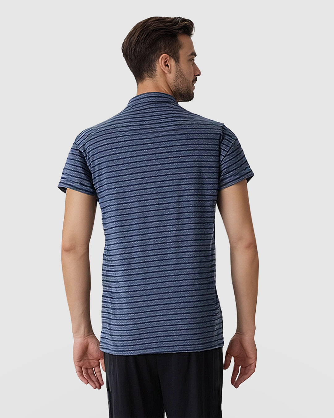 Pijama Curto Masculino Camiseta Gola Contraste Em Malha Listrada - Imagem 12