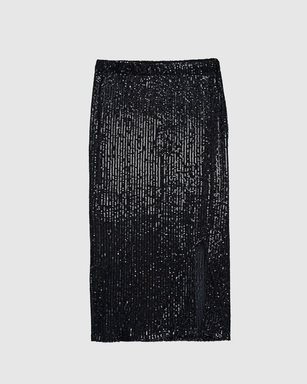 Saia Midi Feminina Com Fenda Frontal Em Paetê - ENFIM Preto - P