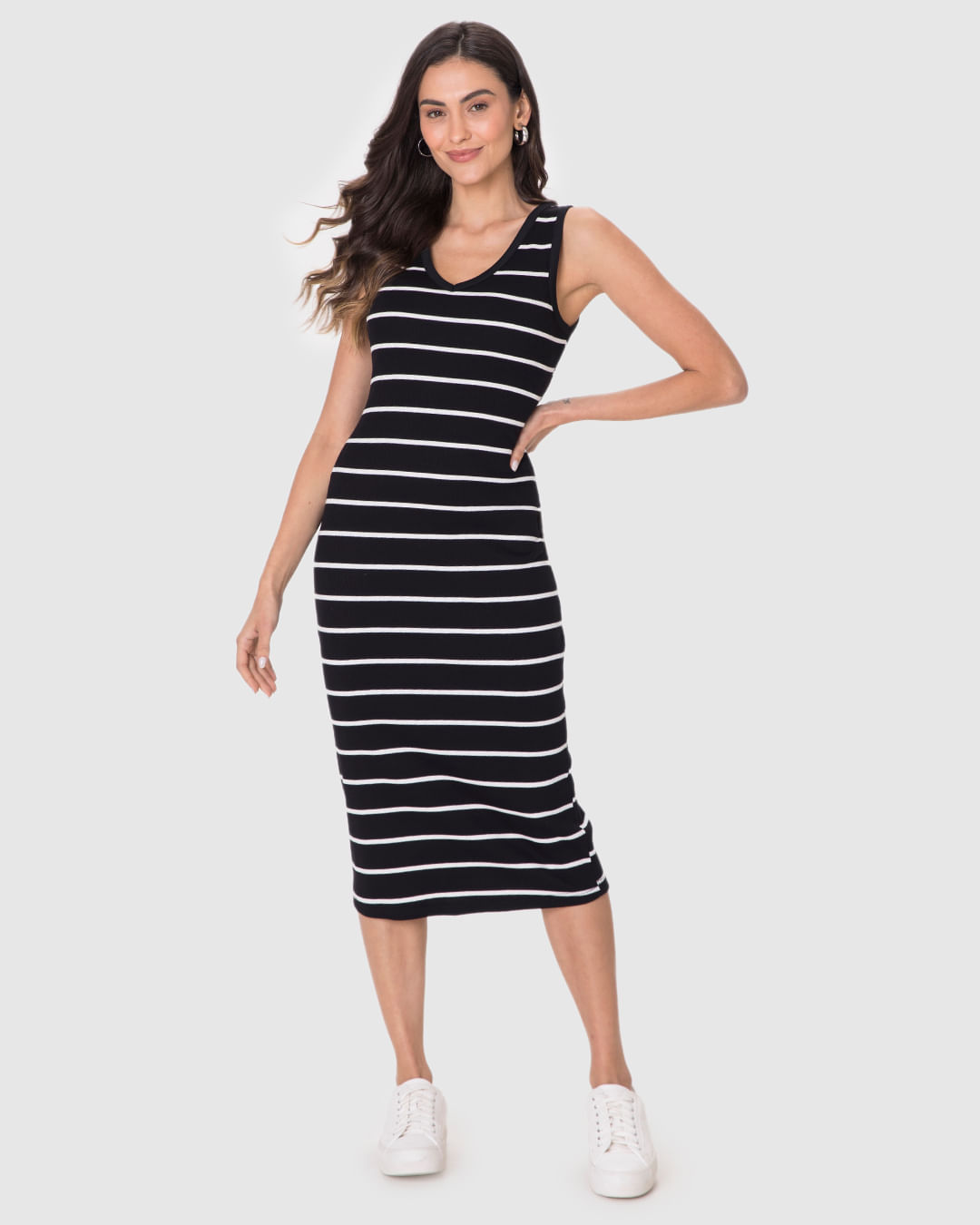 Vestido Midi Feminino Decote V Listrado Em Ribana - Imagem 6