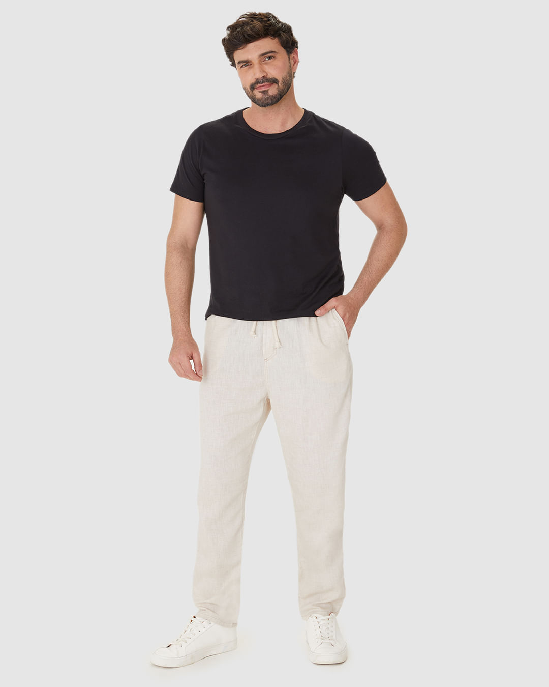 Calça Jogger Masculina Cadarço Frontal em Sarja Linho