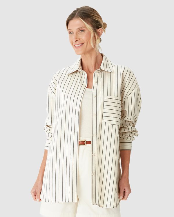 Camisa Ampla Feminina Listrada Bolso Frontal Em Algodão Off White - M