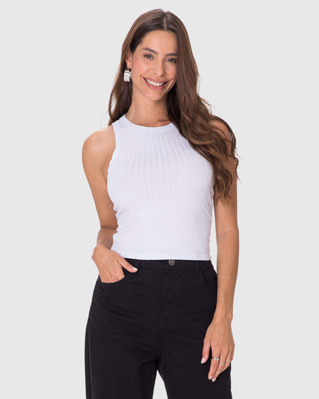 Regata Básica Feminina Long Cropped Em Malha Canelada De Viscose - Branco - PP