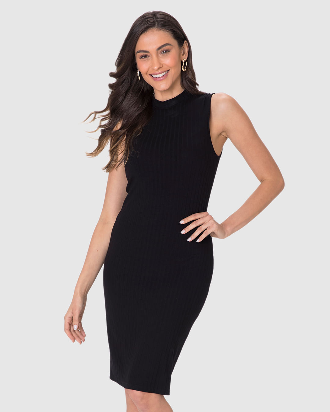 Vestido Básico Feminino Gola Alta Em Canelado De Viscose