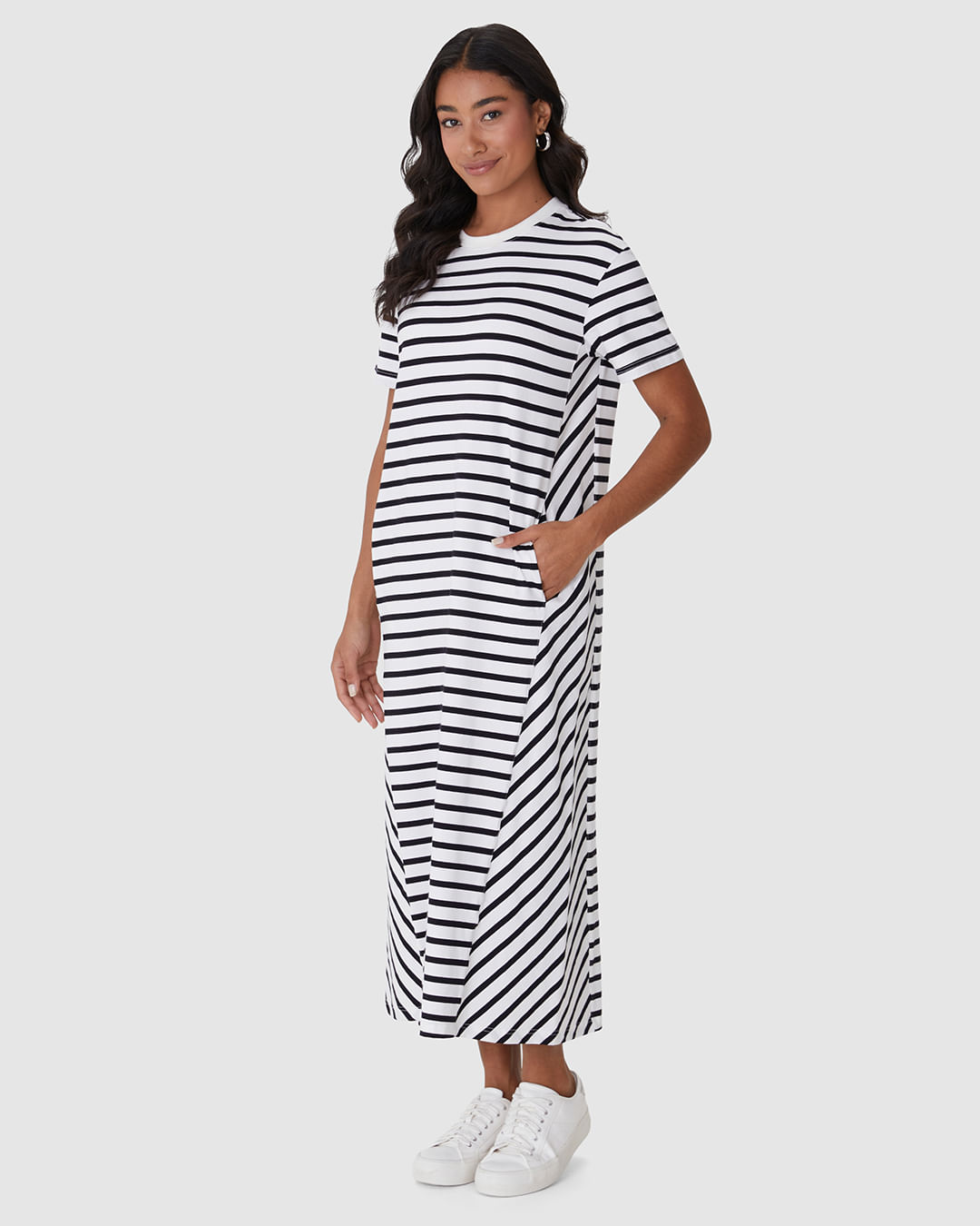 Vestido Midi Feminino Listrado Bolso Funcional Em Malha Algodão - Imagem 2