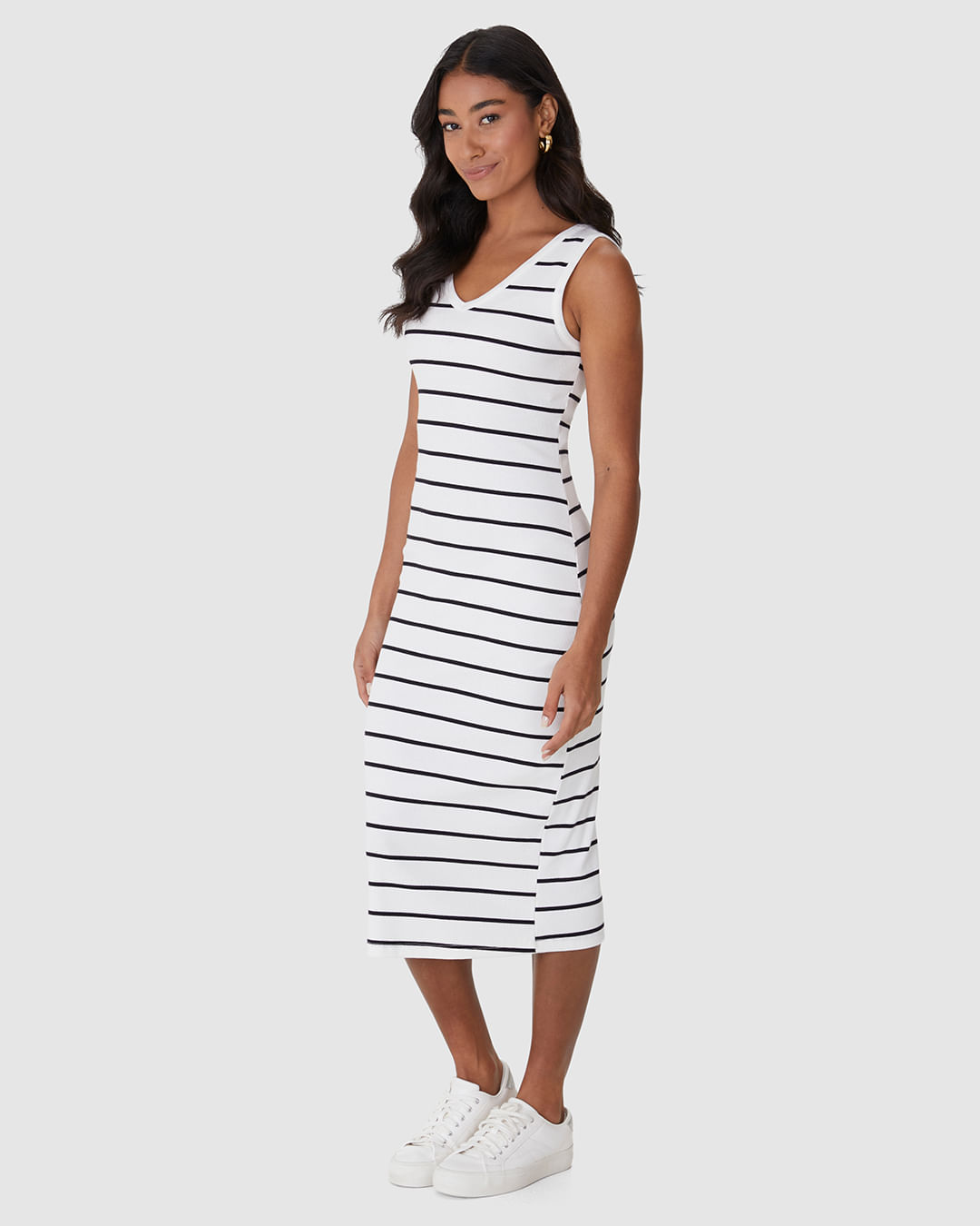Vestido Midi Feminino Decote V Listrado Em Ribana - Imagem 12