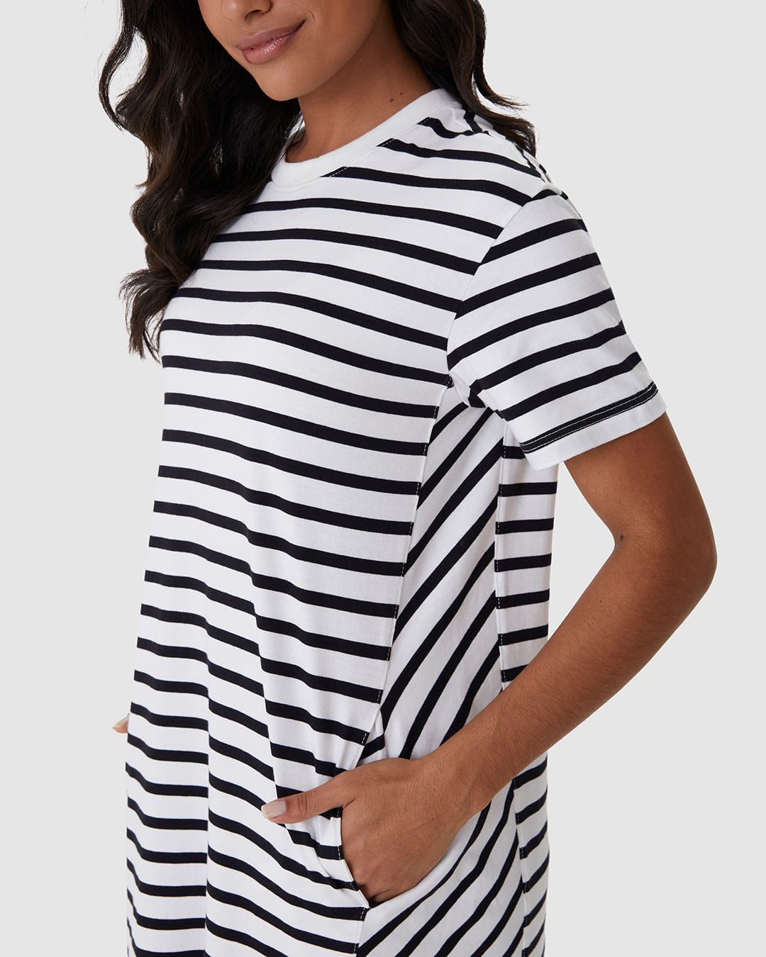 Vestido Midi Feminino Listrado Bolso Funcional Em Malha Algodão - Imagem 18