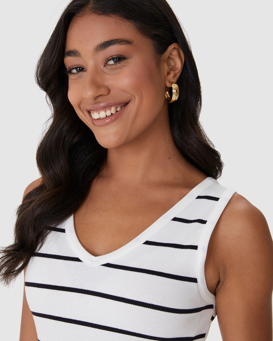 Vestido Midi Feminino Decote V Listrado Em Ribana - Imagem 13